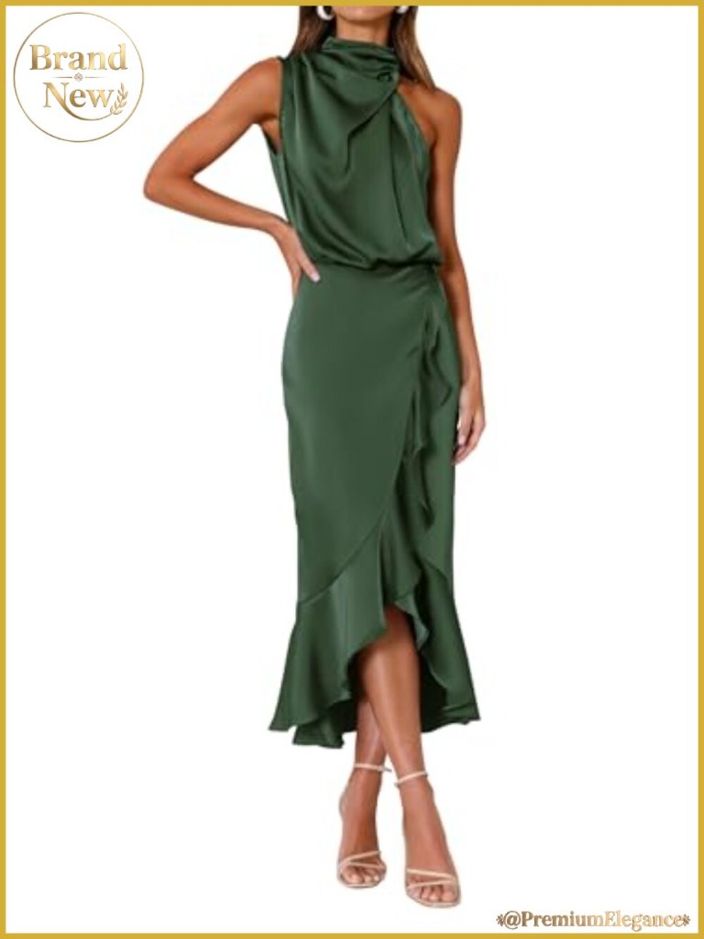 Satin Mock Neck Sleeveless Wrap Formal Midi Dress Wedding Guest